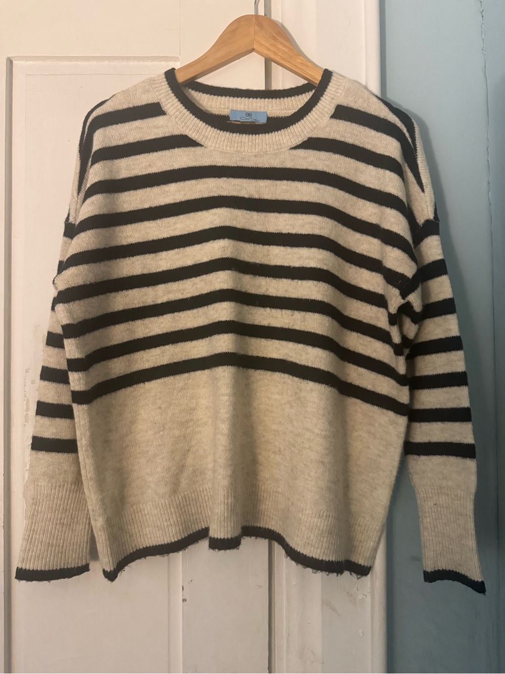 CeCe Black and Cream Striped Crewneck Sweater